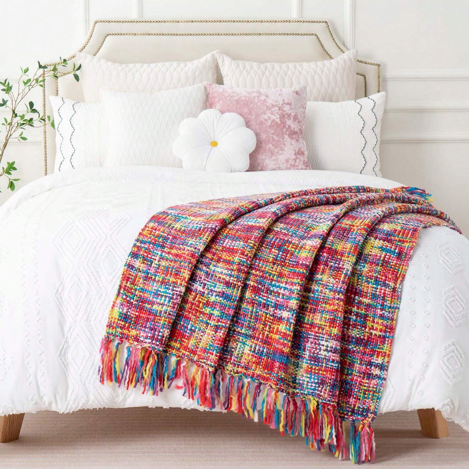 Colorful Throw Blanket with Tassels, Boho Knit Throw Blankets for Couch,Living Room,50"x60"