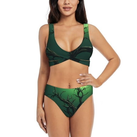Zeuib Green Night Sky Moon Branches High Waisted Tummy Control Bikini Set - Knot Front Push Up Top & Cheeky Thong Bottom  Two-Piece Swimsuit for Women-Small
