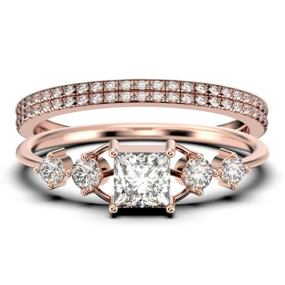 Anniversary Ring Minimalist 1.75 Carat Princess Cut Diamond Moissanite Engagement Ring, Dainty Wedding Ring in 925 Sterling Silver With 18k Rose Gold Plating, Trio Set, Matching Band