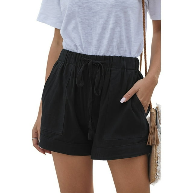 Women’s Casual Wide-Leg Shorts, Drawstring Elastic Waist Solid Color Loose Short Pant with Big Pocket