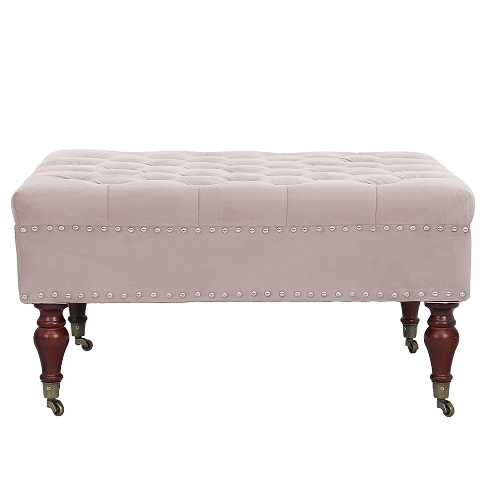 Abble 34in Square Beige Tufted Upholstered Indoor Cocktail Ottoman Living Room Coffee Table with Wheels