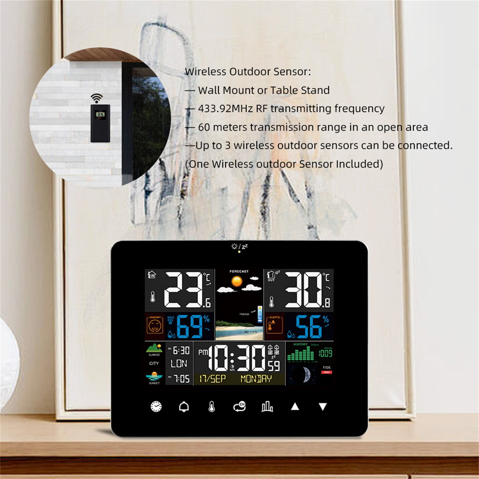 ZHMRFG Color Screen Touchscreen Weather Clock Wireless Temperature Humidity Meter Meteorological Station RF Sensing Multiple Alarm Weather Forecast For Home Office Bedroom Living Room Monitoring
