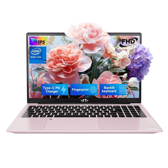 Nimo 15.6-Inch FHD Laptop N150 with Intel Quad Core-13th(Up to 3.6GHz), 4GB RAM 128GB ROM Business Student Laptop Computer, 2 Years Warranty,Fingerprint, Type C, Pink