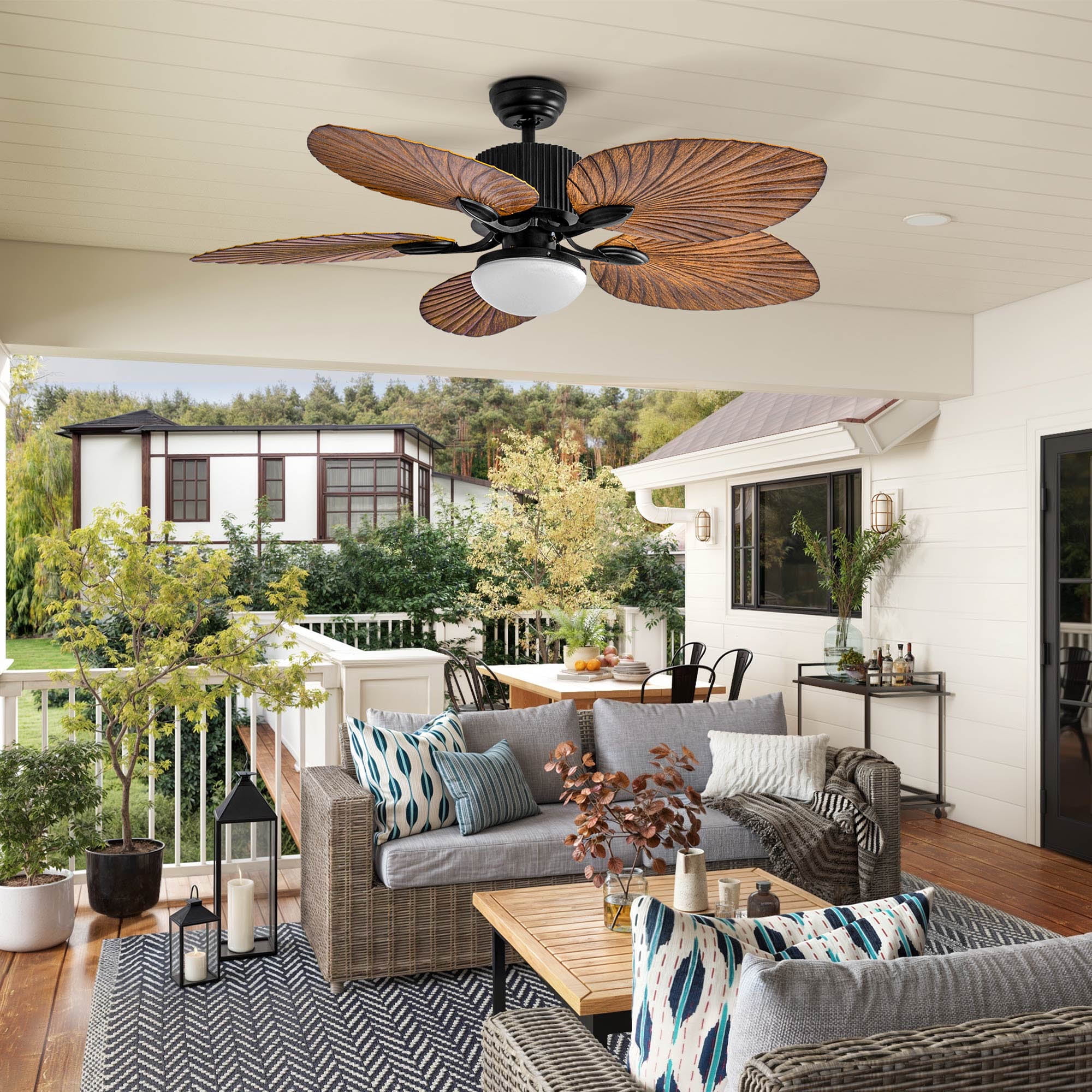 Uforic 52-Inch Tropical Ceiling Fan with LED Light and Remote,5 Palm Leaf Blades ceiling fan - Brown