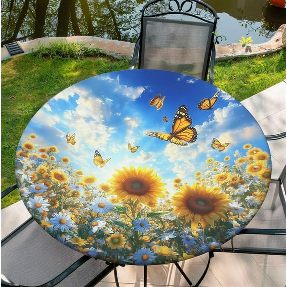 Round Tablecloth with Elastic Edge, 36-60Inch Waterproof Table Cloth for Dinner, Outdoor, Picnic, 44inch, Sunflower and Butterfly