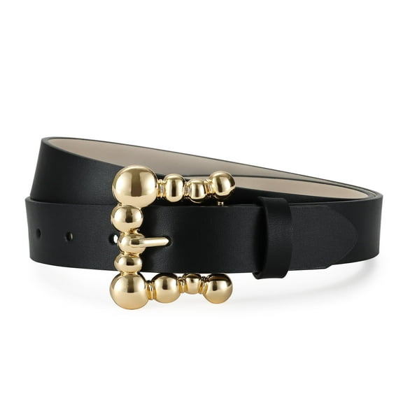 AI DEEBLUE Women's Belt - Black Genuine Leather Belt with Gold Beaded Statement Buckle