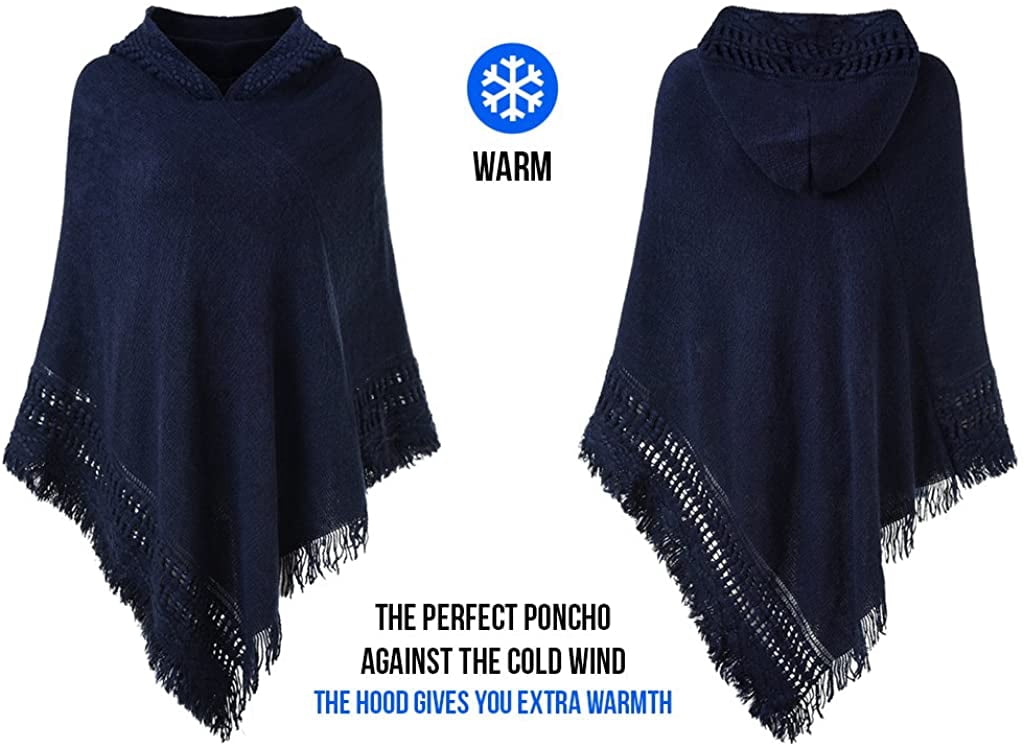 Poncho Femme Crochet Avec Capuche - Léger Et Chaud Pour Automne/Hiver - Taille Unique Bleu Marine