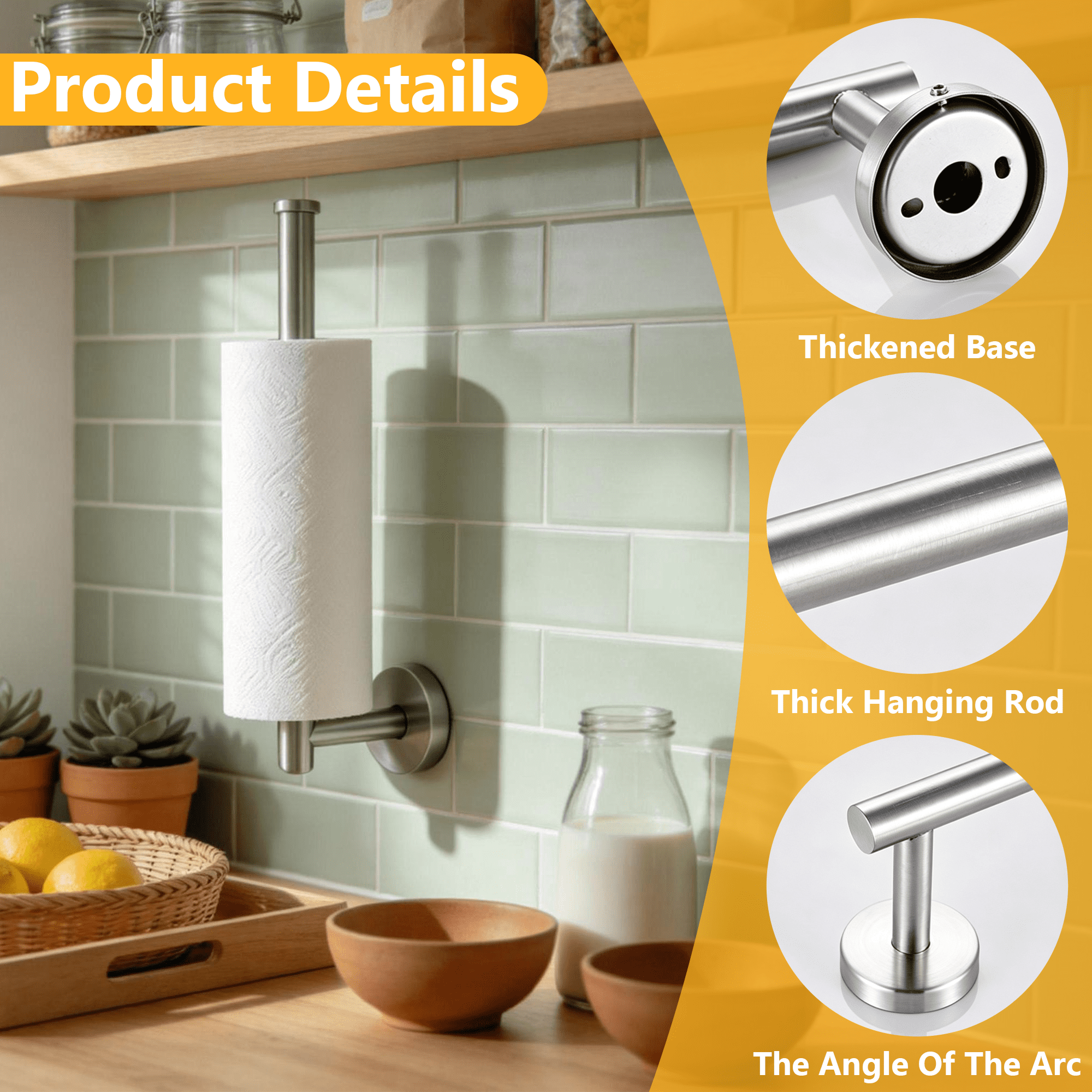 Wall Mount Paper Towel Holder, Stainless Steel Under Cabinet Paper Towel Rack, Multi-Purpose Wall Towel Bar for Kitchen Bathroom, Drilled Mount Paper Roll Holder