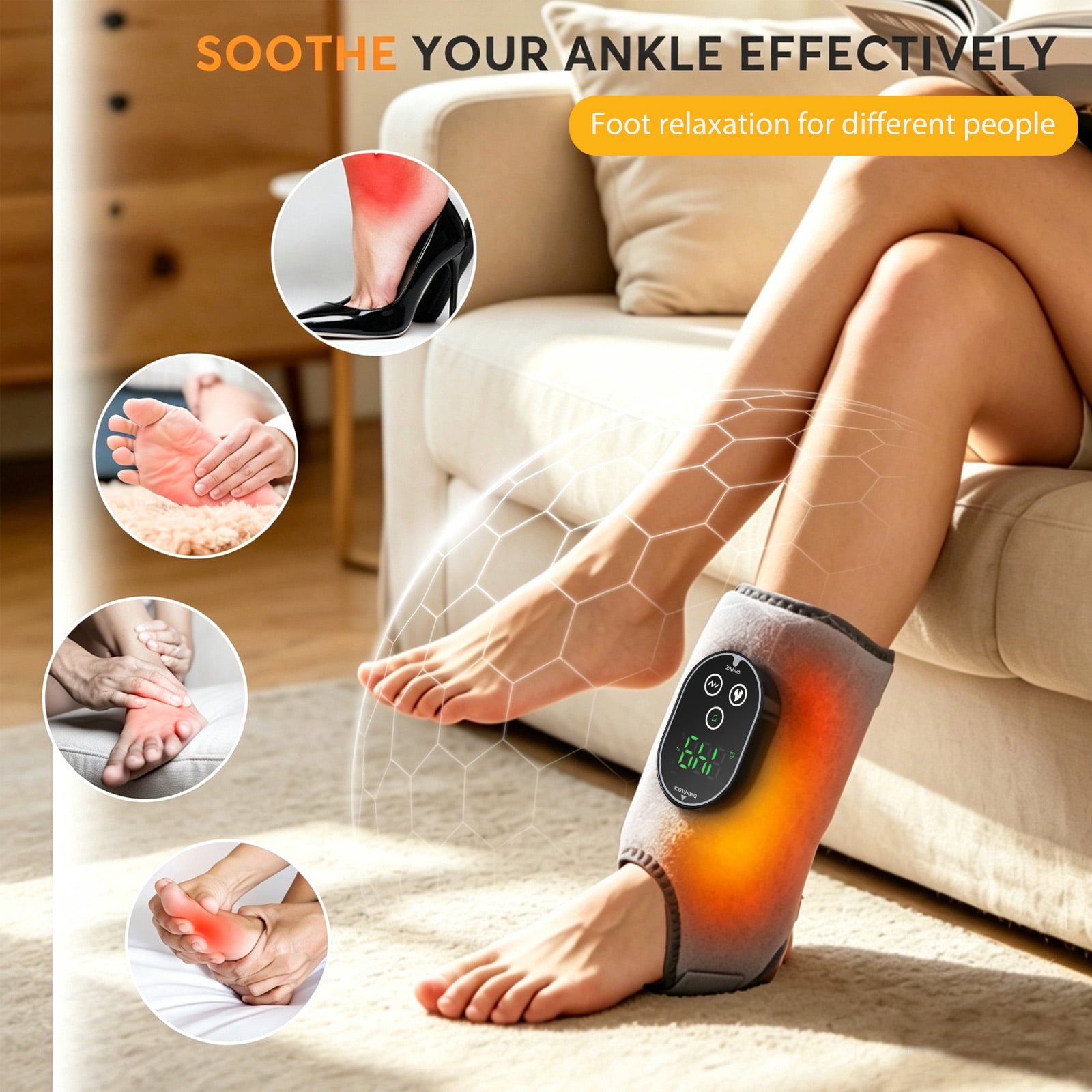 Cordless  Foot Ankle Heating Pad with 6 Heat Settings& 3 Vibration Modes , 20/35/45 Minutes Timer 3000mAh , 1pc