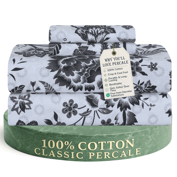 Feather and Stitch New York 4-Piece 300 Thread Count Grey Floral Paisley 100% Cotton Percale Sheet Set, King