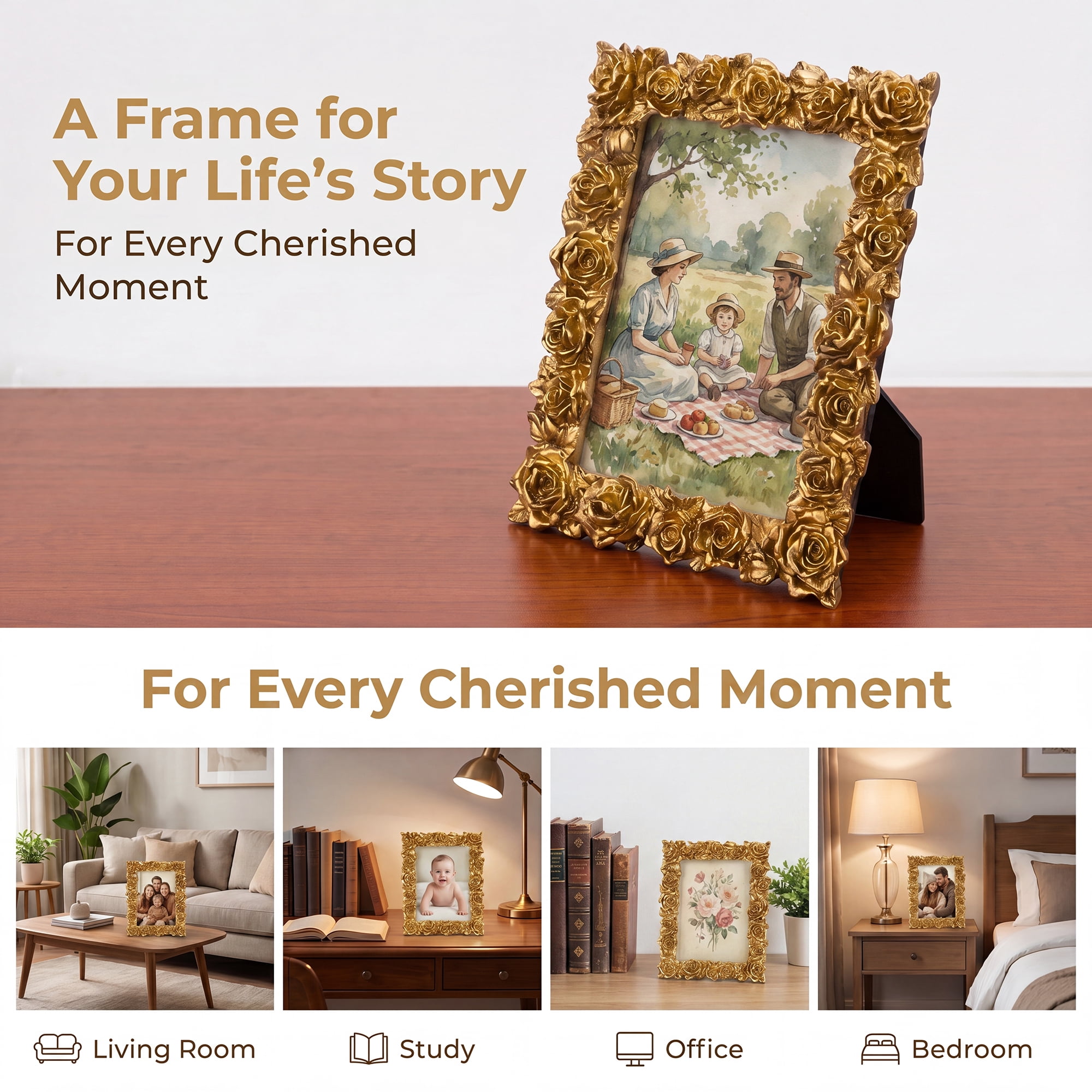 Unique Bargains 3D Rose Resin Wedding Decor Picture Frame Gold 5" x 7"