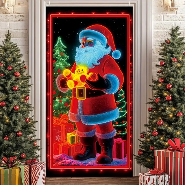 Cubierta navideña para puerta con estampado de Papá Noel y árbol luminosos | Pancarta festiva para decoración interior y exterior | Decoración festiva para puertas y paredes del hogar