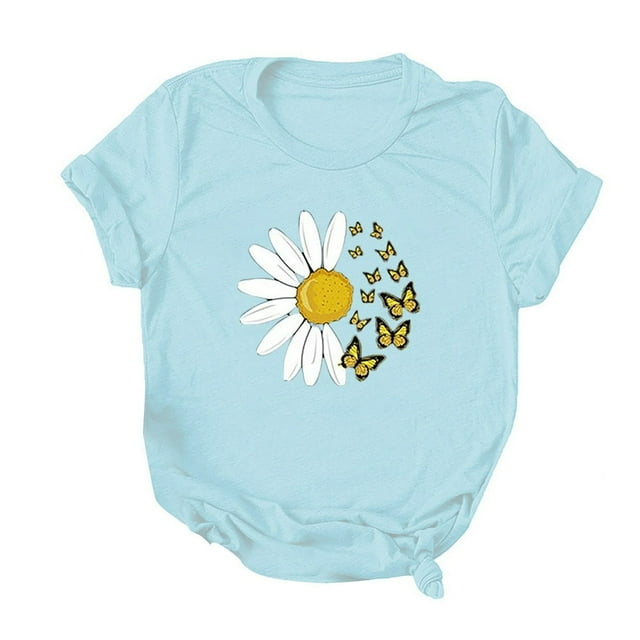 T-shirt à Manches Courtes à Imprimé Papillon et Marguerite pour Femme