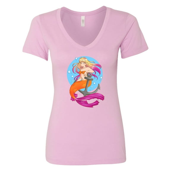 Inktastic Nautical Orange and Pink Mermaid Sitting on Anchor Women's V-Neck T-Shirt