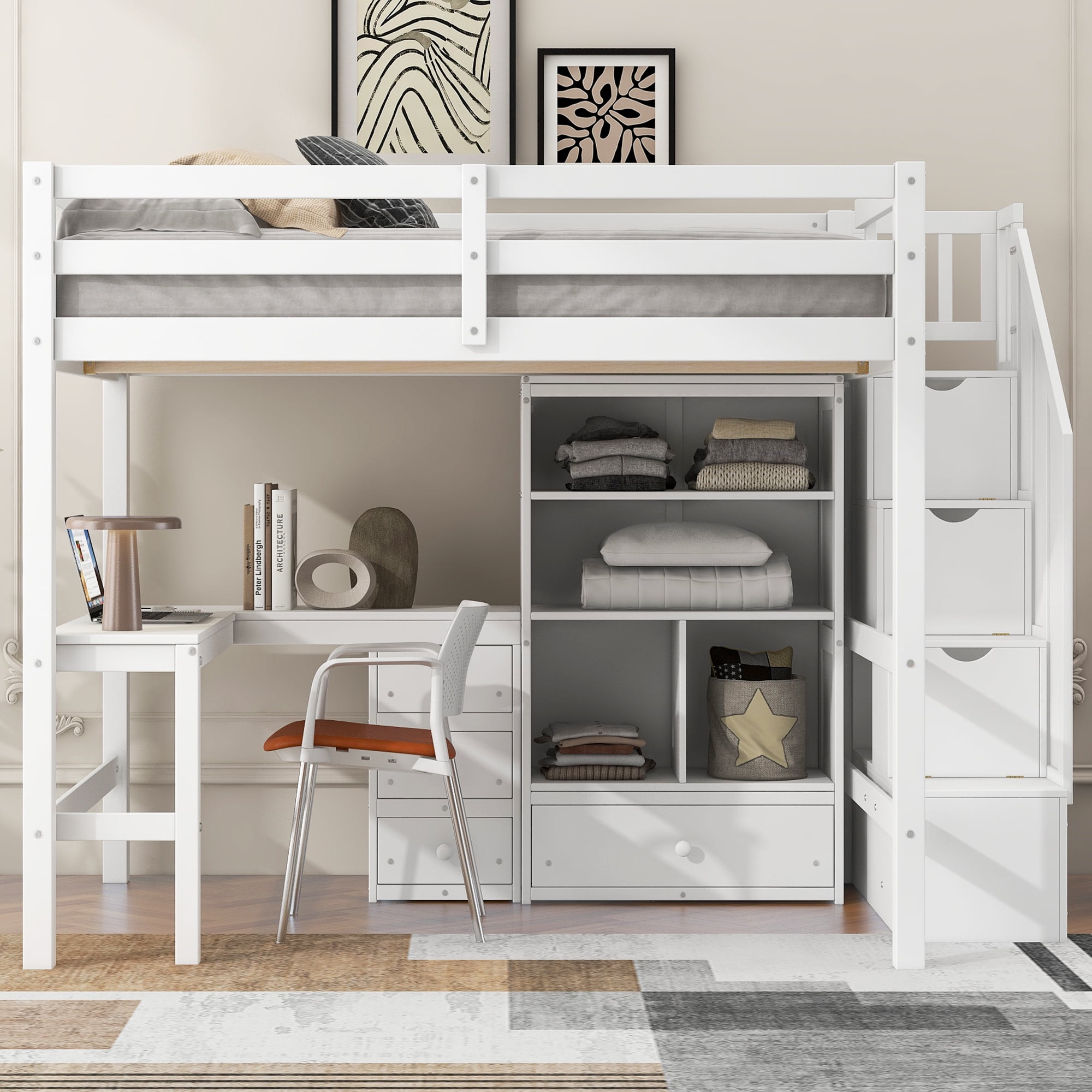 Euroco Full Size Pine Wood Loft Bed with Desk and Cabinets for Kids Room, Storage Staircase Shelf, White