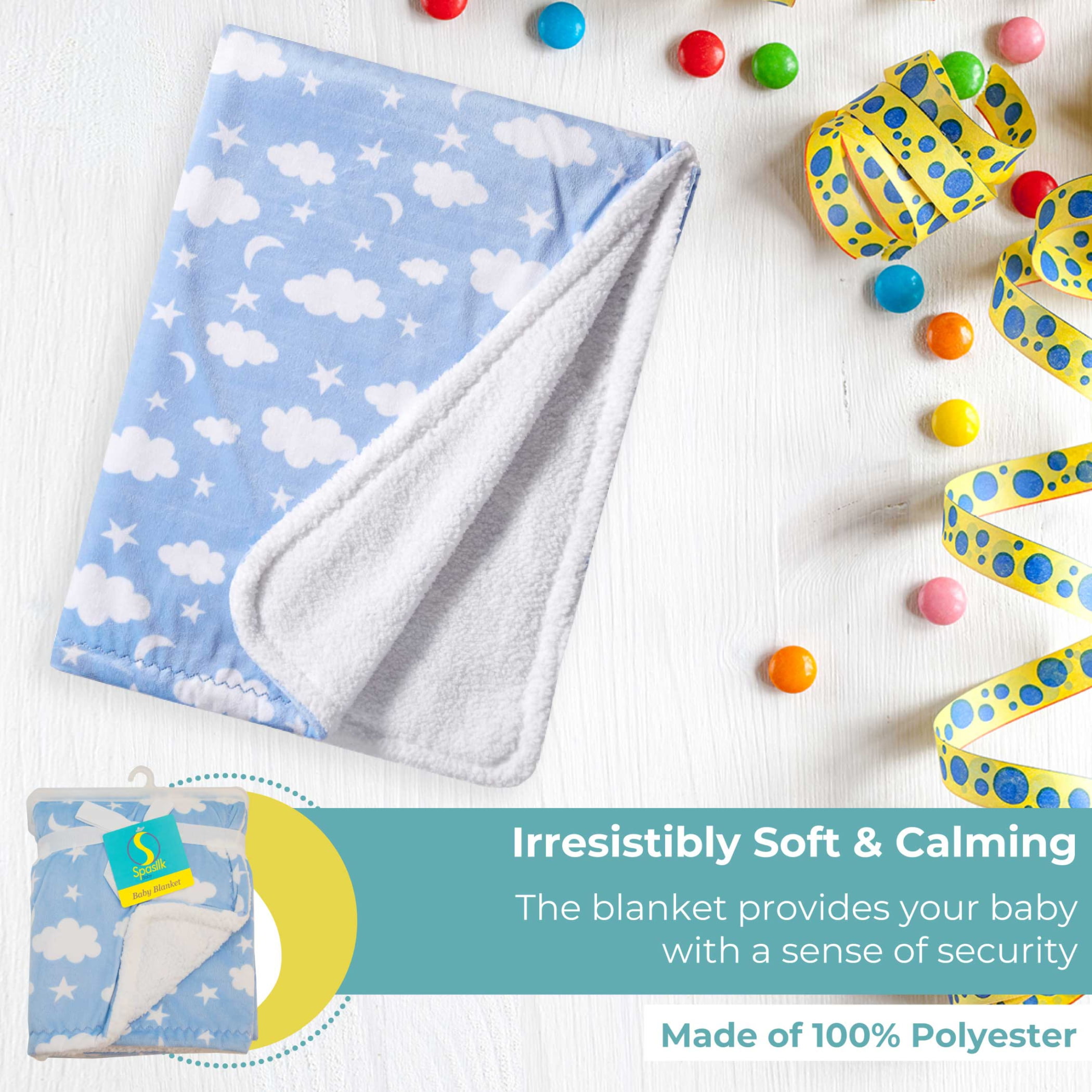 Spasilk Velboa Fleece Blanket With Thick Stitch Trim Accessory for Crib and Stroller, Blue Clouds