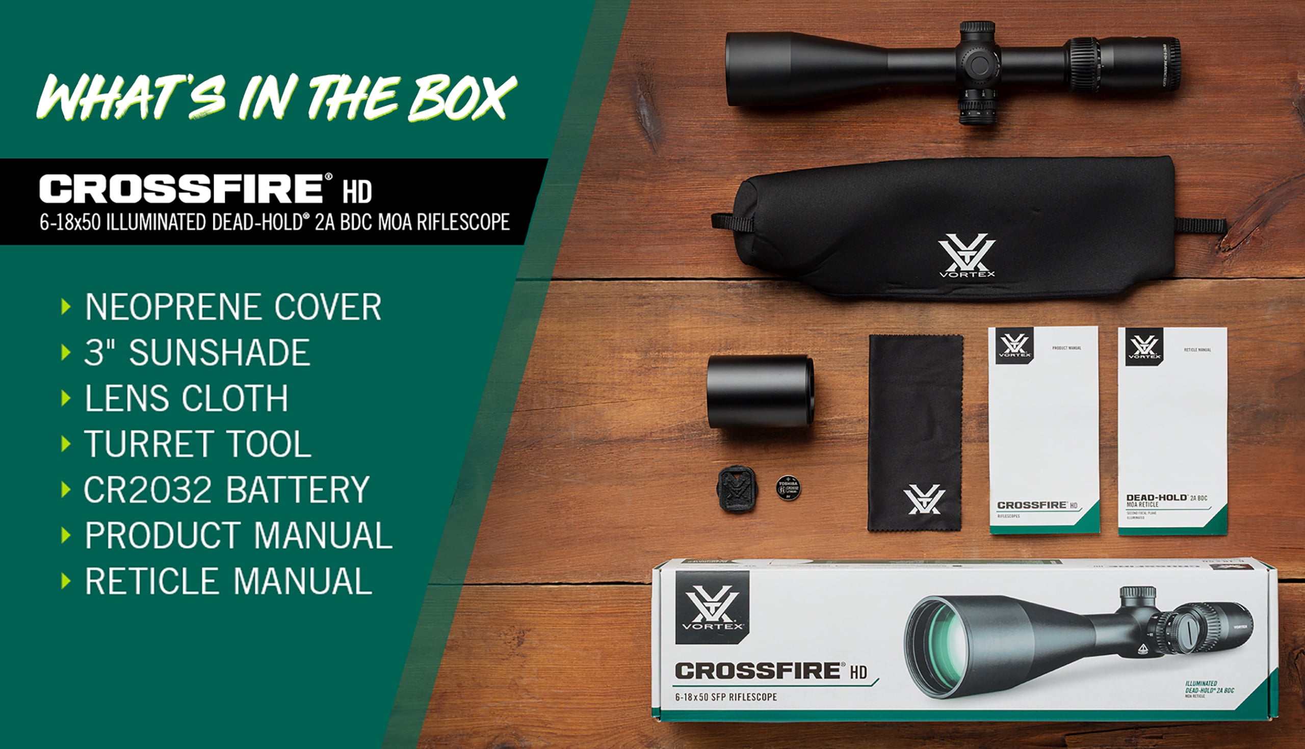 Vortex Crossfire HD 6-18x50 Second Focal Plane, 30mm Tube Riflescope - Illuminated Dead-Hold 2A BDC MOA Reticle