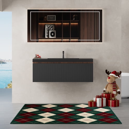 42'' Floating Bathroom Vanity with Sink Combo, Modern Wall-Mounted Striped Bathroom Storage Cabinet with Soft-Close Drawer and Quartz Sand Basin, Smoked Walnut