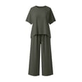 thumbnail image 5 of Cotton Linen Outfits 2 Piece Sets for Women Loose Casual Short Sleeve Top Wide Leg Pants Travel Beach Clothes (S, Army Green), 5 of 8