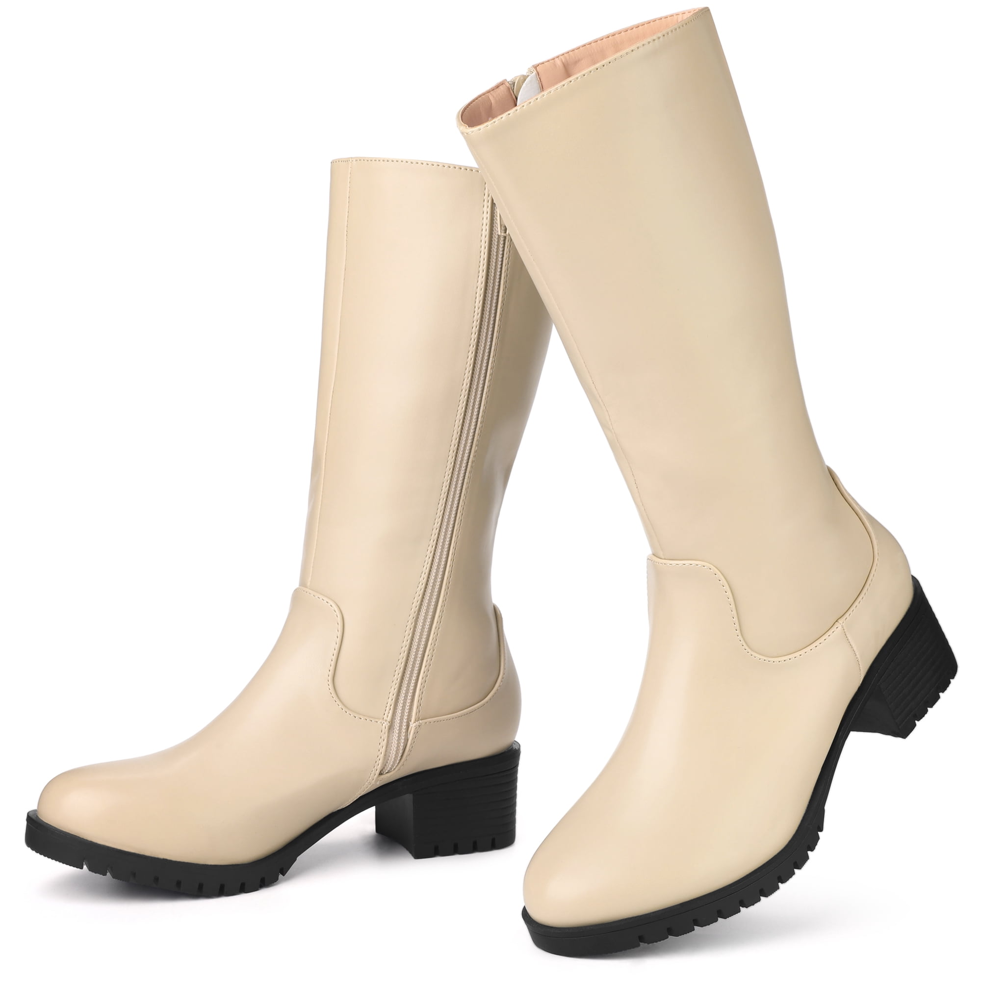 Unique Bargains Round Toe Side Zip Low Chunky Heels Mid Calf Boots for Women Beige 9
