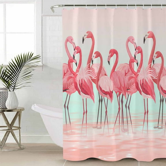 Pink Flamingo Waterproof Fabric Shower Curtain, Summer Tropical Flamingo Hawaii Animals Shower Curtain for Bathroom Curtains Bathtubs Hotel Washable Shower Curtains with 12 Hooks Standard 66x72