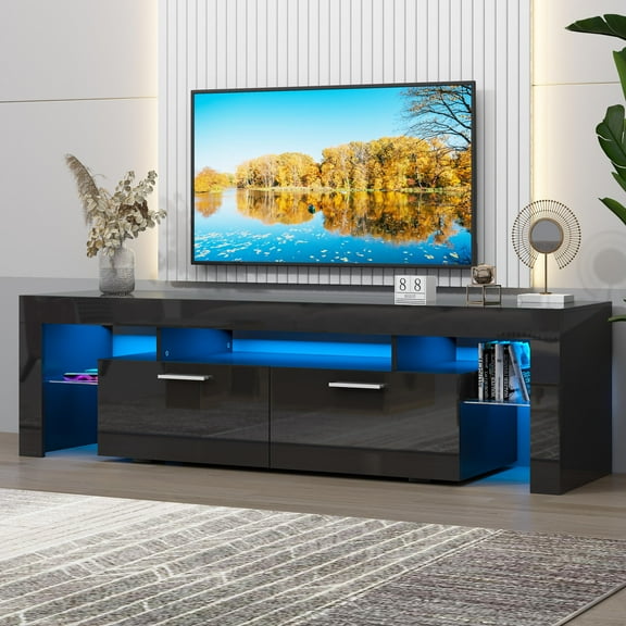 UHOMEPRO TV Stand for TV up to70'', High Gloss Entertainment Center with RGB LED Lights and Storage Shelves, Black Media Console for Living Room