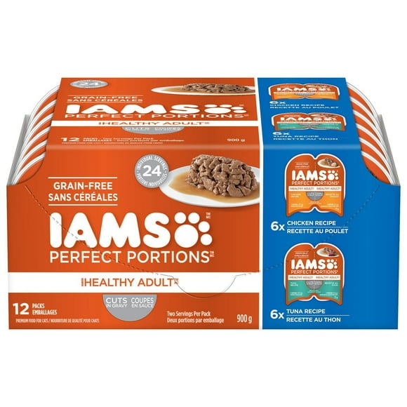 Iams Perfect Portions Grain Free Chicken & Tuna Cuts in Gravy Variety Pack Healthy Adult Wet Cat Food, 12x75g