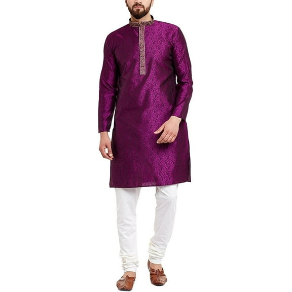 Royal Mens Jacqaurd Silk Embroidered Kurta Pyjama Set Purple