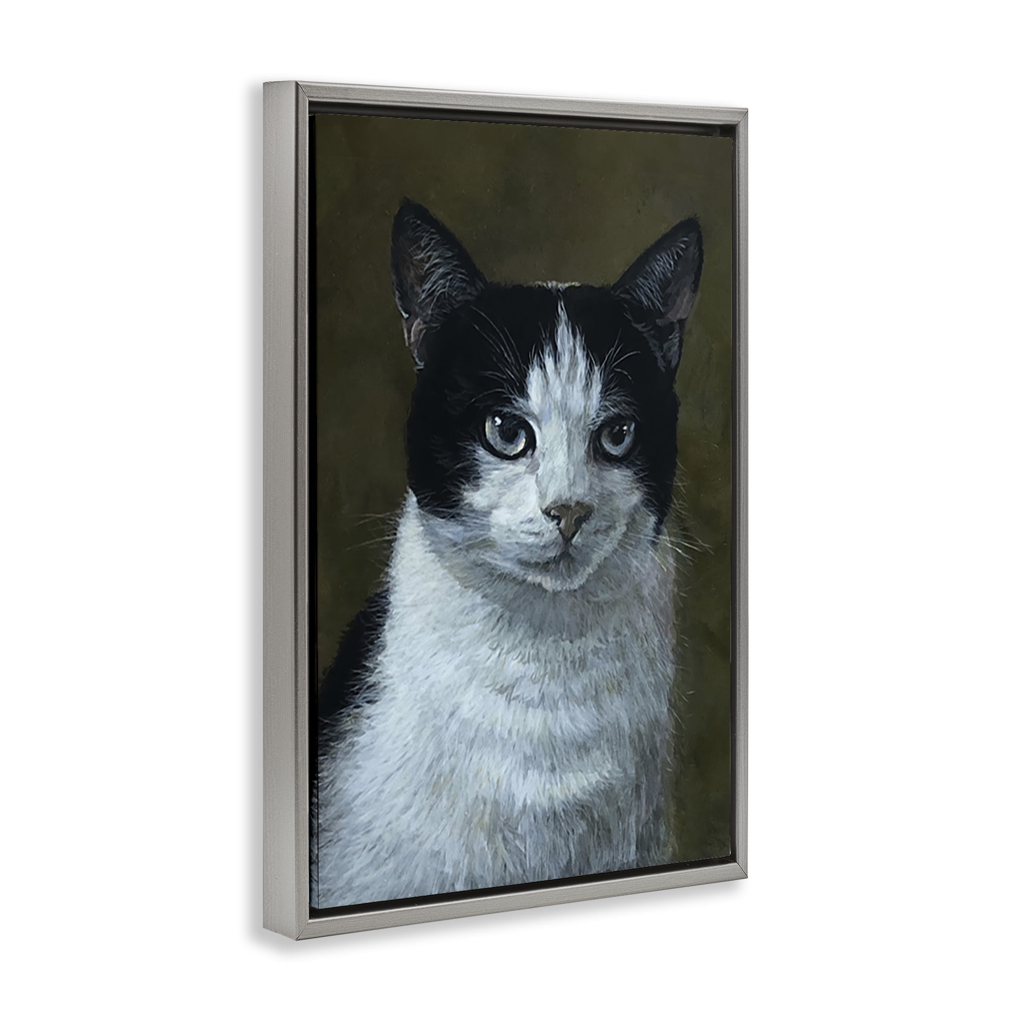 Stupell Industries Black & White Cat Angst Animals Painting Gray Floater Framed Canvas Art Print Wall Art, 17 x 25