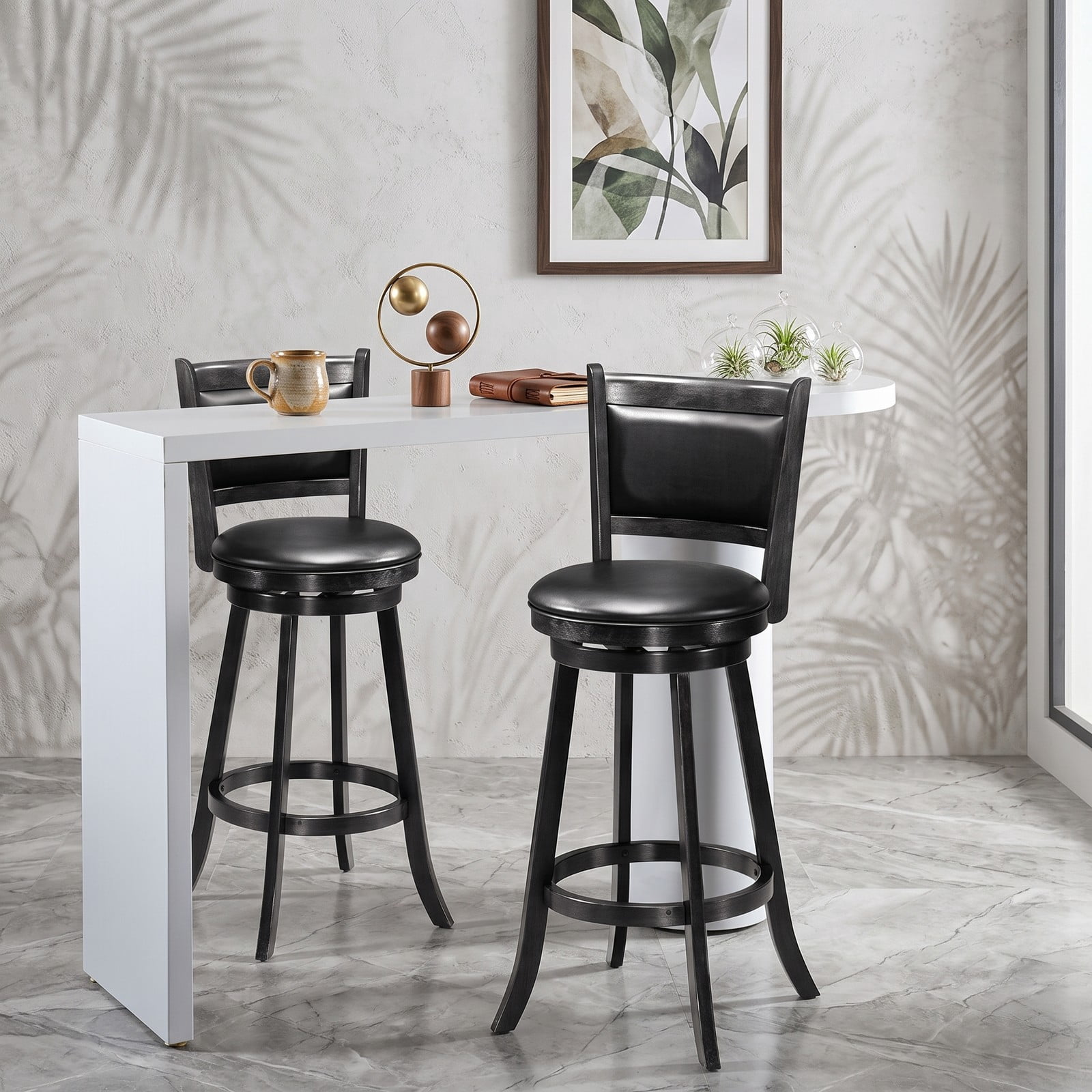 Furnibear Set of 2 29 Inch Swivel Bar Stools, Wood Counter Height Barstools with PVC Cushioned Seat and Panel Back for Kitchen Island Dining, Black