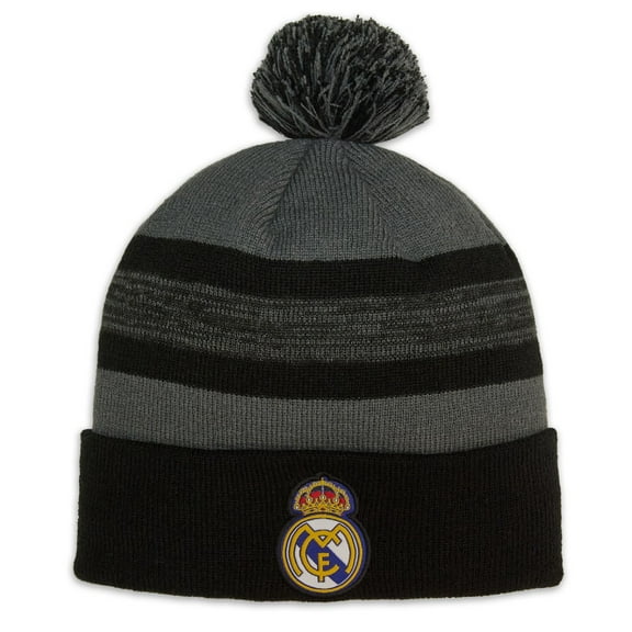 Real Madrid CF Striped Premium Soft Knit Pom Beanie - Gray