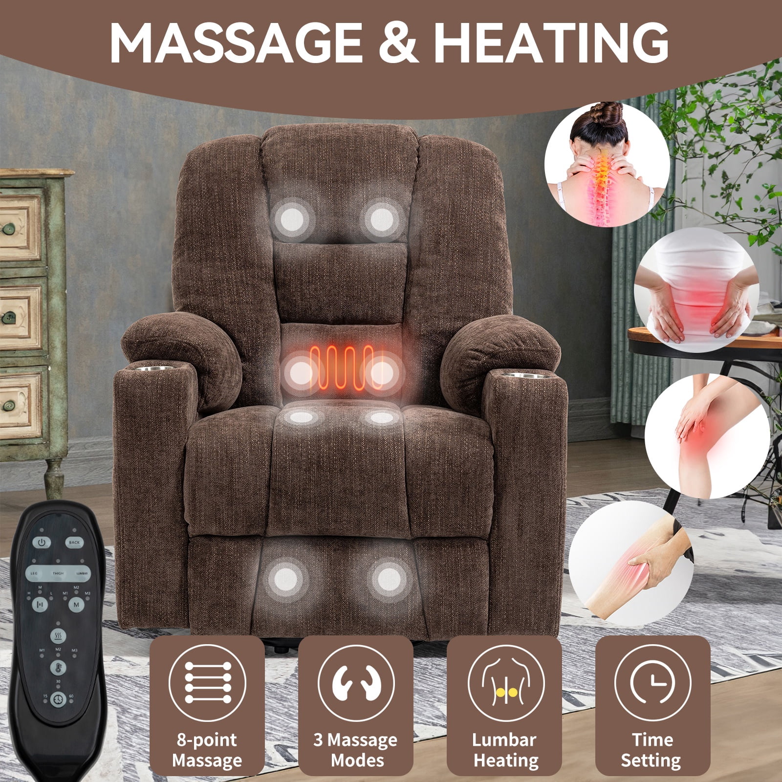 Power Lift Recliner Chair with Massage & Heat for Seniors, Overstuffed Sofa Chair Wide Seat, Heavy Duty Chenille Fabric, USB/Type C Ports, 2 Steel Cup Holders, 155° Recline,350lb Capacity