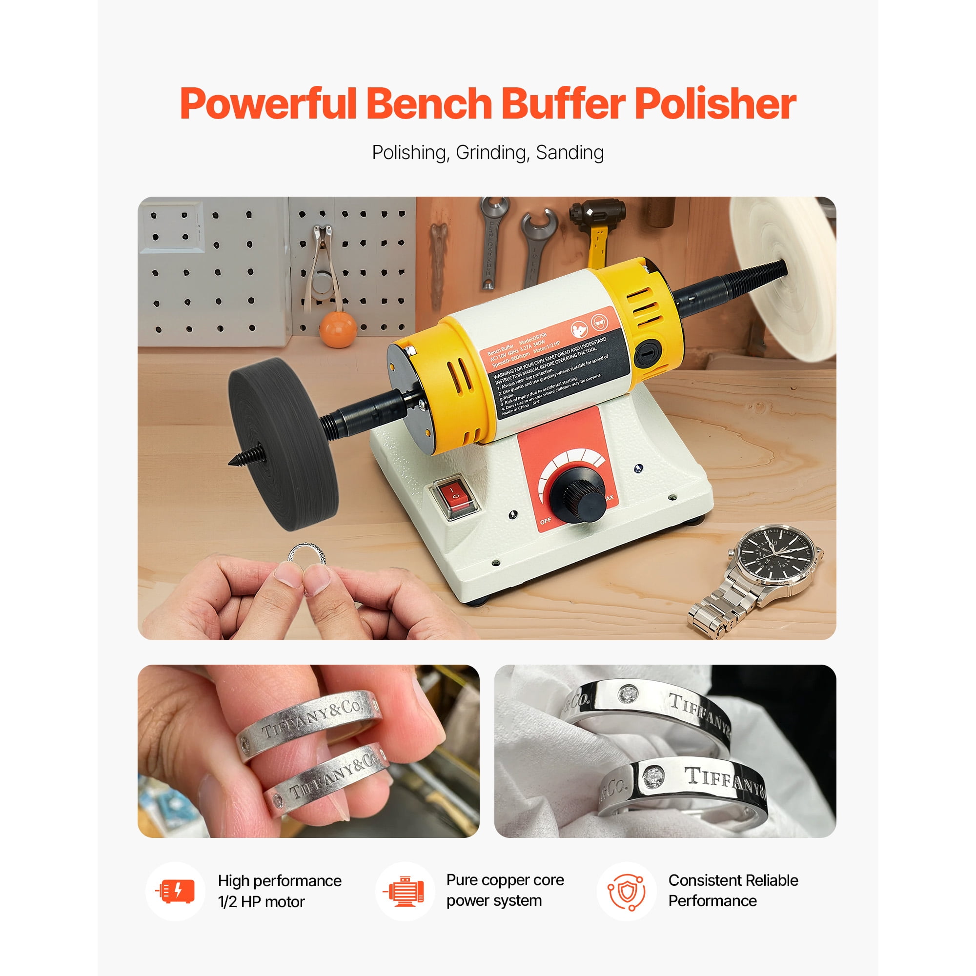 KFFKFF Bench Buffer Polisher, 1/2HP Polishing Machine, Adjustable 0-8000RPM Benchtop Grinder with 4" Cloth Wheel, 3" Grinding Wheel & 3" Fiber Wheel for Metal, Jewelry, Wood, and Plastic