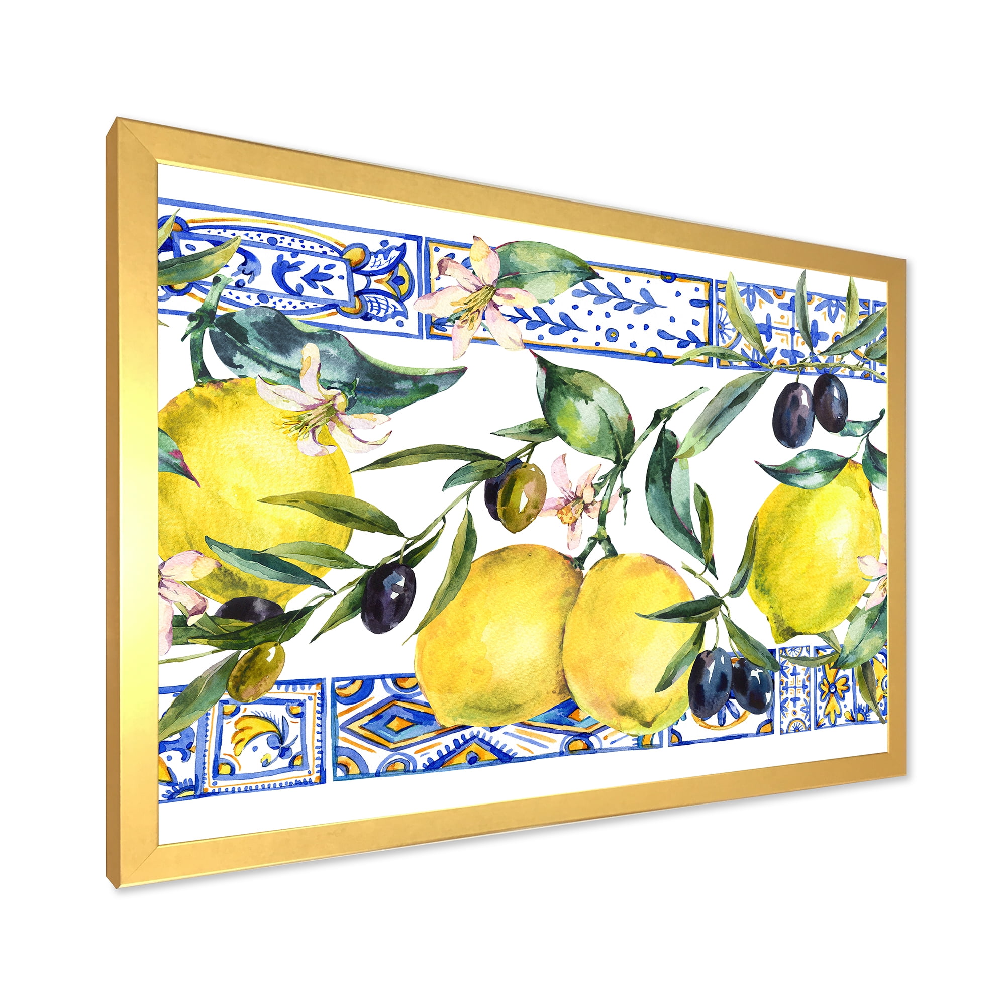 Designart 'Geometrical Pattern of Lemon Ornament On Blue II' Tropical Framed Art Print