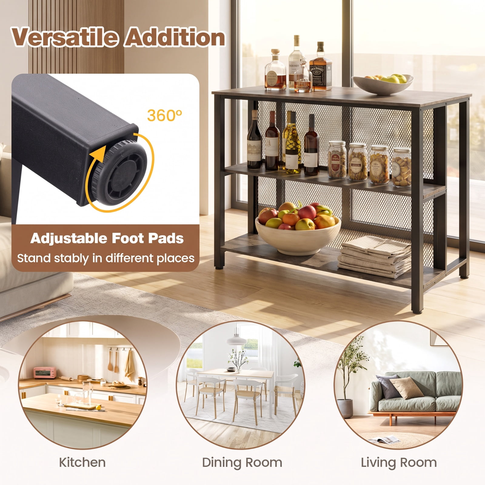Furnibear 36 Inch 3-Tier Bar Table with Storage Metal Frame Adjustable Foot Pads for Dining Room for Kitchen Dining Bar Bistro Pub Home Counter, Gray