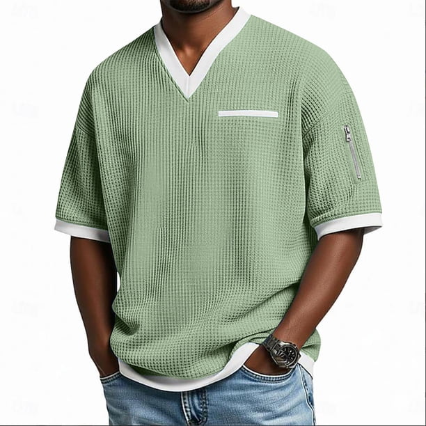 Ceisia Men's Casual Fashion Waffle Knit Short Sleeve Shirt - V-neck Color Block Top with Sleeve Zipper Pocket Mint Green L Gifts