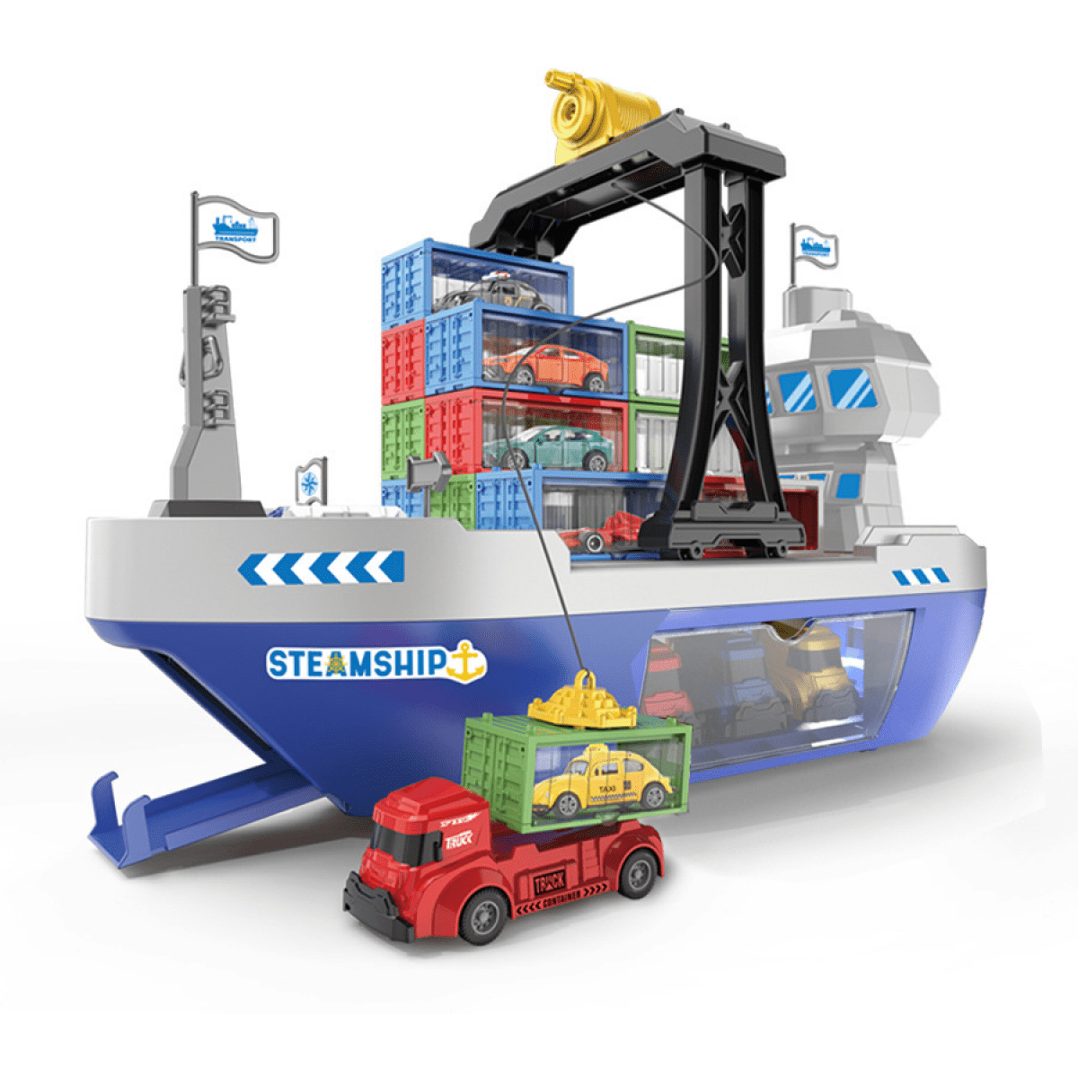 Cargo Ship Toy & Gantry Crane Playset Pretend Play Boat Toys with Transport Containers Push and Go Vehicle Cars for Kids Birthday Gifts