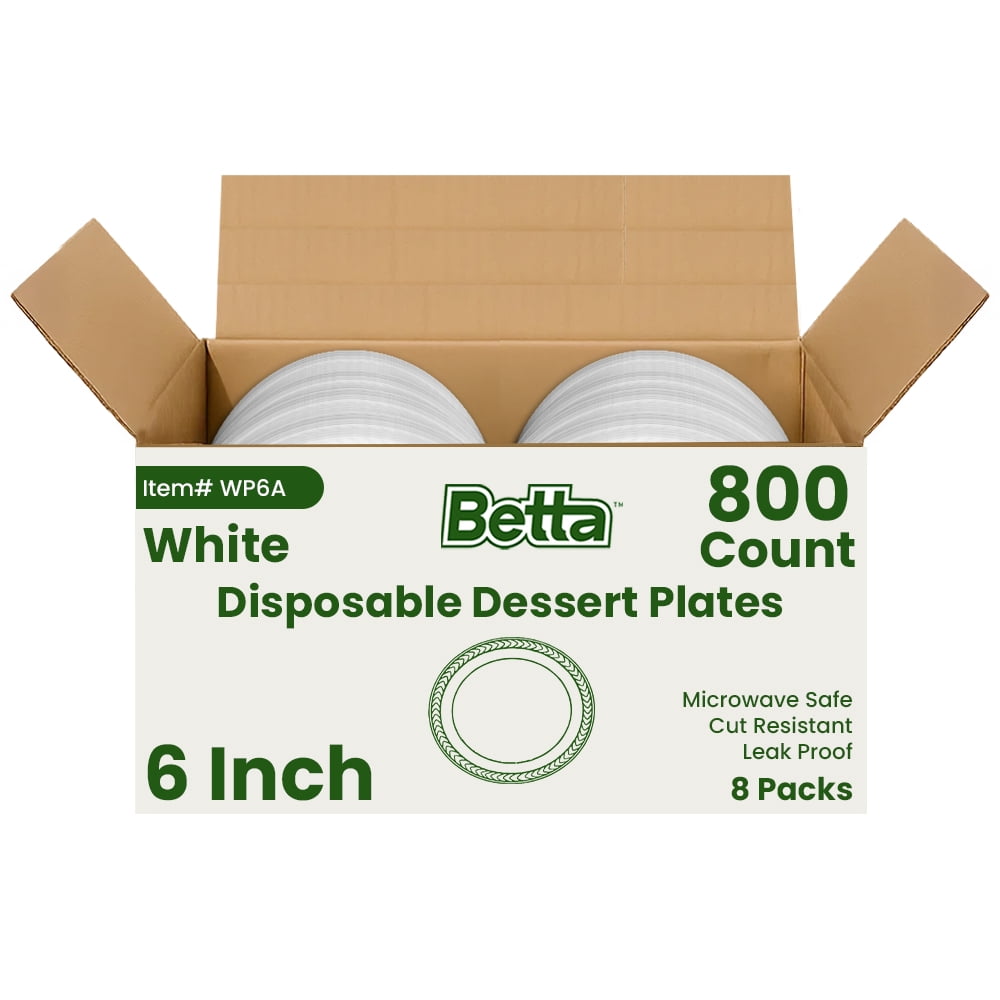 Betta 6-Inch Disposable Plastic Dessert Plates, White, 800 Count, Bulk Case, Microwave Safe (8 Pack Per Box x100)