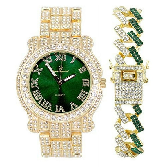 Charles Raymond Blinged Out Gold Round Luxury Mens Hip Hop Wristwatch w/Iced Out ZZ Link Design Bracelet - L0504RNB ZZ Gold Money Green