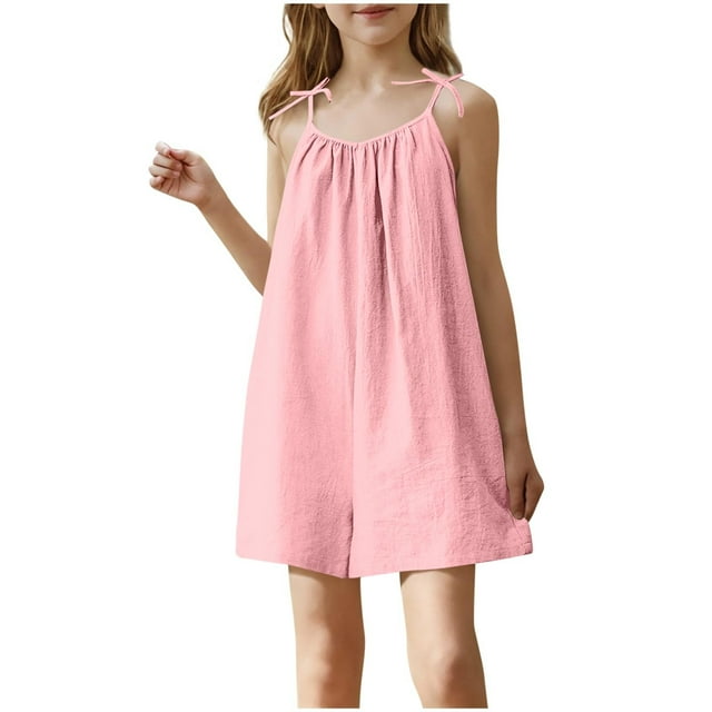 Lenpel Girls' Summer Jumpsuits Casual Sleeveless Scoop Neck Spaghetti Strap Short Rompers Loose Overalls 4-15 Years