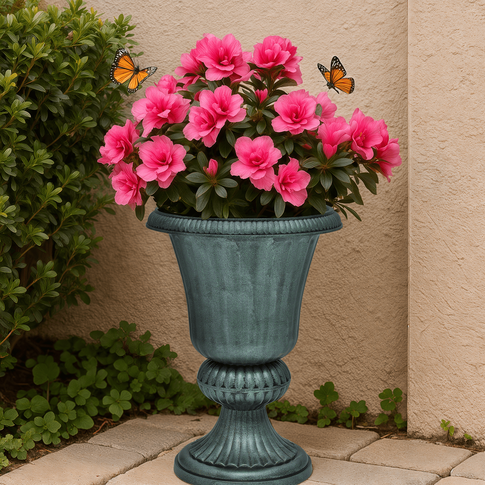 Magshion 20" Urn Planters 2-Pack, Weatherproof Tall Plastic Flower Pots for Indoor/Outdoor Garden Patio Porch Entryway Decor, Dark Green