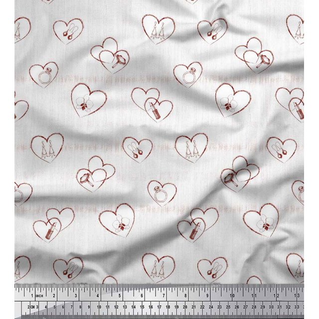 Soimoi Red Poly Georgette Fabric Fashion Accessories & Heart Printed Fabric 1 Yard 52 Inch Wide