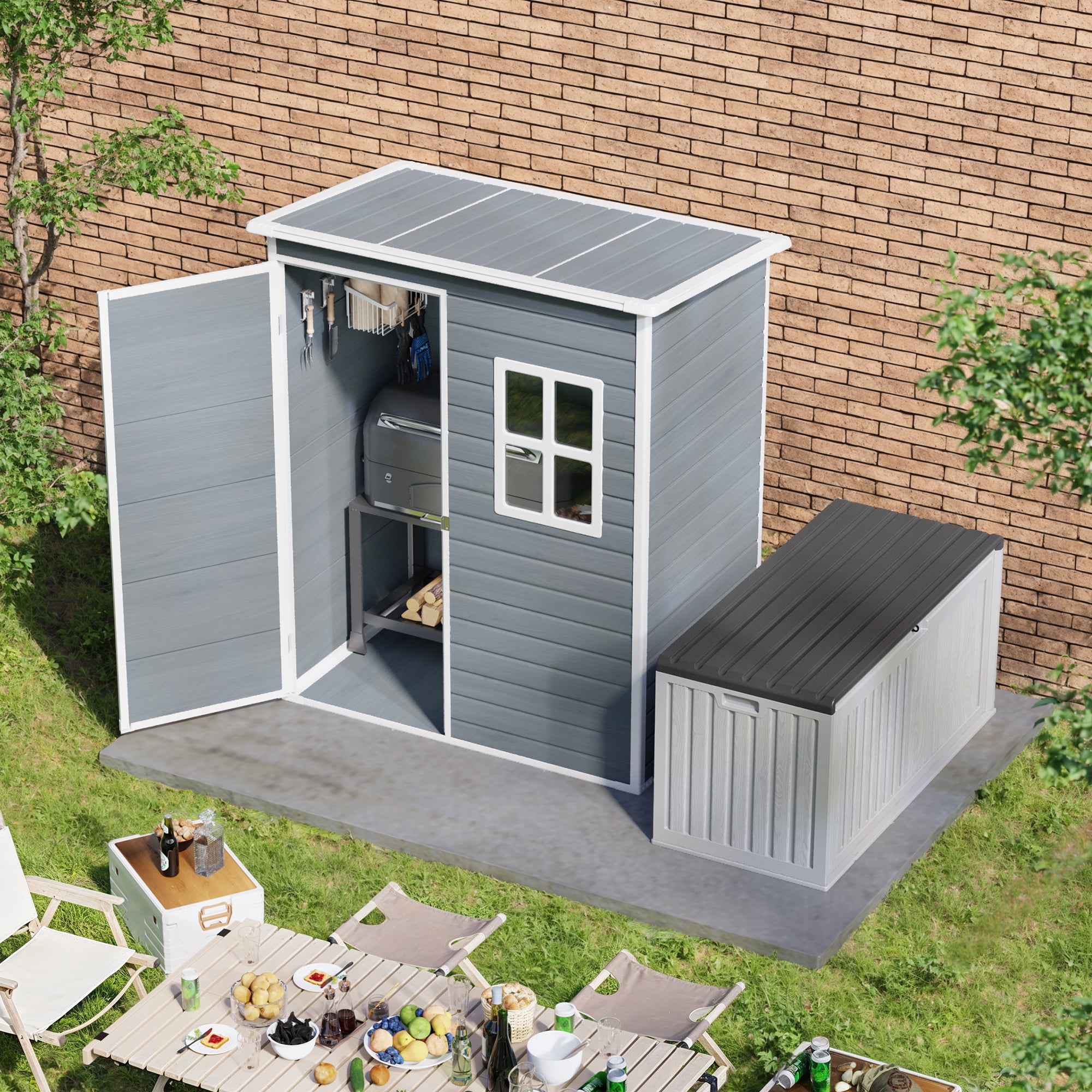 Aiho 5x3 FT Outdoor Storage Shed with Lockable Door - Resin Weatherproof Garden Shed, Floor & Ventilation for Patio, Lawn Tools, Bikes & Toys
