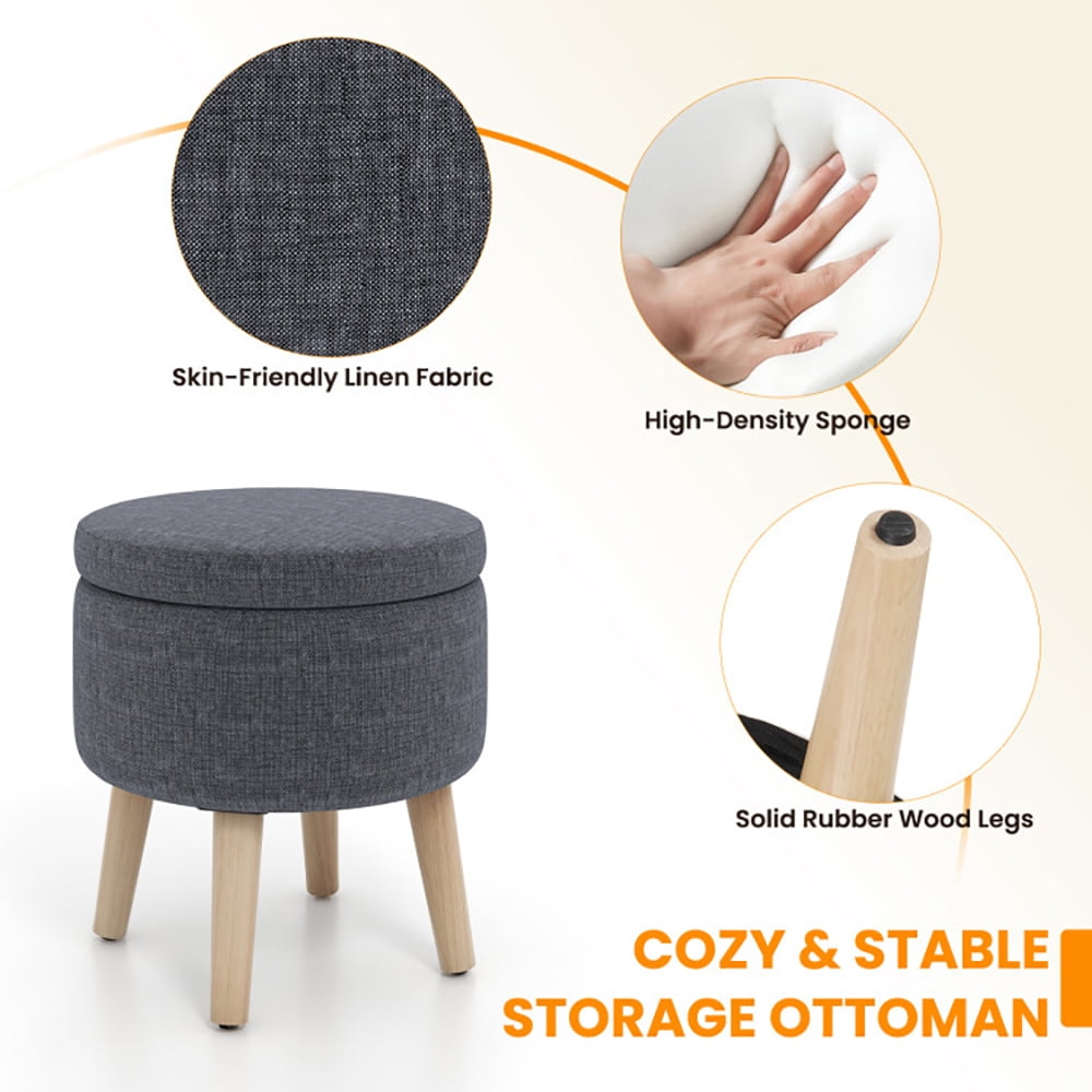 Finihen Storage Ottoman Foot Stool, Vanity Stool with Storage, Round Storage Ottoman with Rubber Wood Legs and Adjustable Foot Pads, for Makeup Room, Living Room, Bedroom, Gray