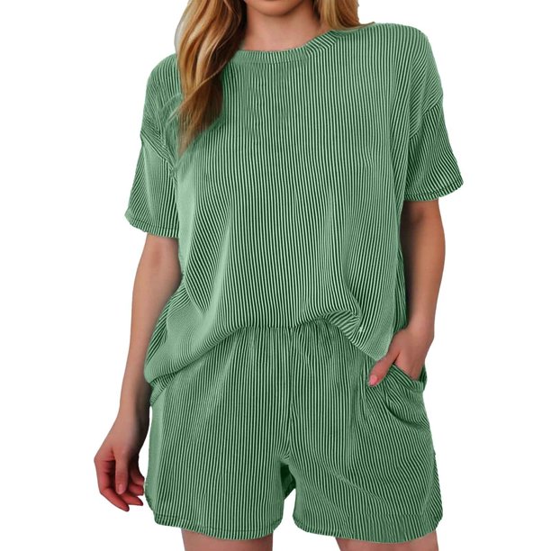Conjunto de 2 piezas para mujer: top de cuello redondo y manga corta y pantalones cortos holgados