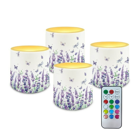 Kuiaobaty 4 Packs Flickering Flameless LED Battery Candles Lavender Flower Butterfly Pattern Waterproof Pillar Fake Candles with Colored Light Remote for Wedding Beach Party Decor