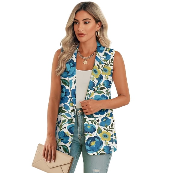 Uorisanigo Blue Floral Print Women's Suit Vest with Pockets Size S Lightweight Women's Suit Vest V Neck Top Vests Blazer Fashion Outerwear