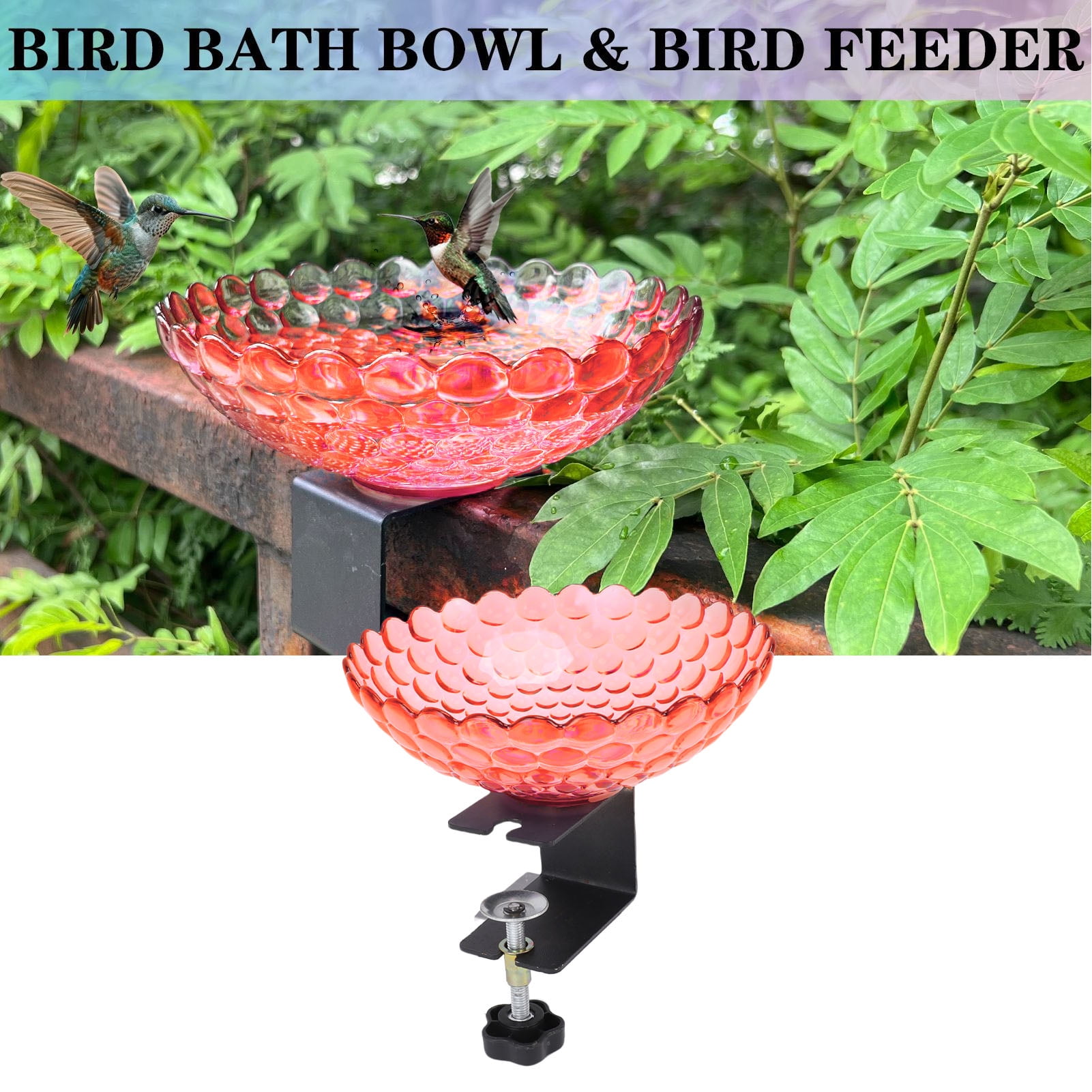 YAHHU Red Deck Mounted Bird Bath Plastic Detachable Outdoor Bird Feeder Water Bowl Adjustable Clamp for Balcony Garden Fence 6.9x5.12 inches / 17.5x13 cm