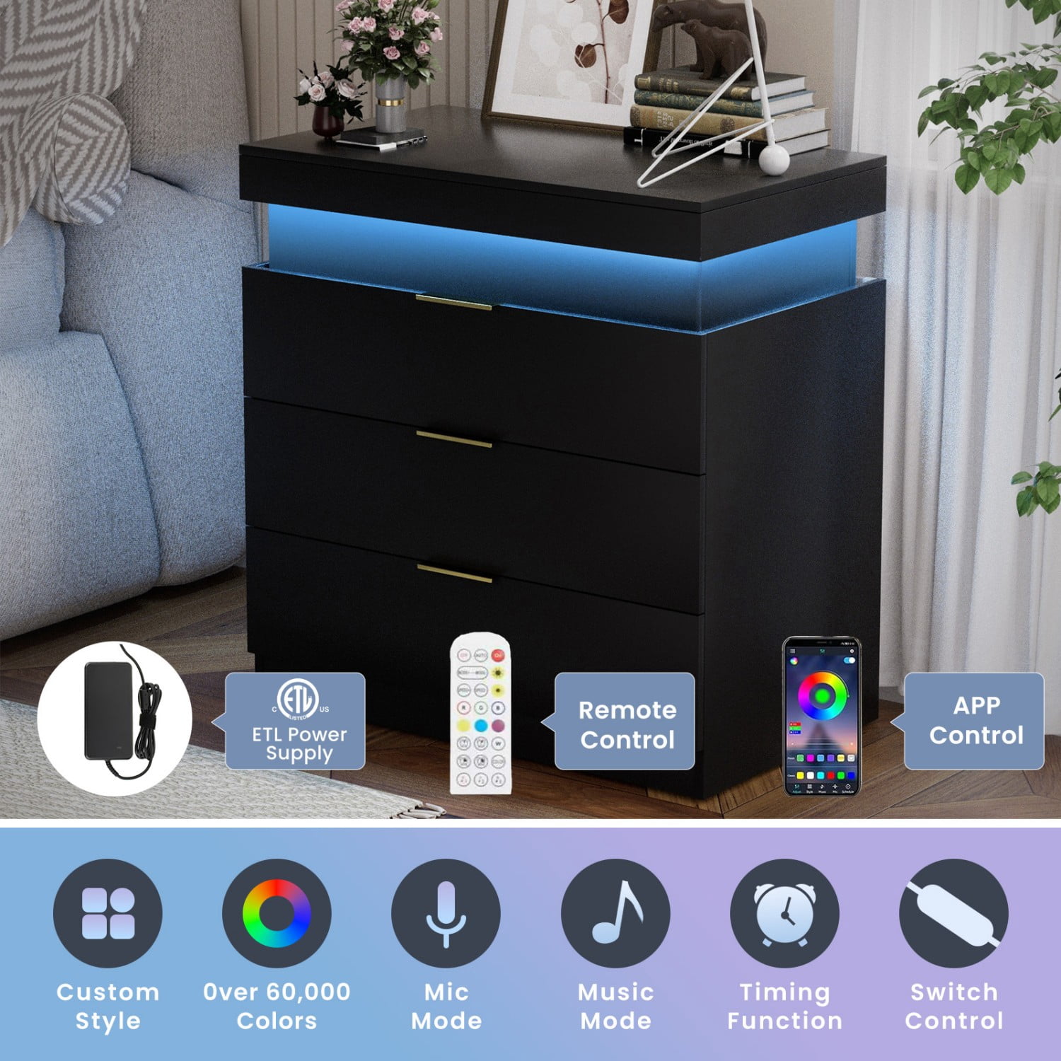 Nightstand with Charging Station and LED Lights, Modern Bedside Table with Sliding Top Drawer, 3 Storage Drawers End Table with USB Ports for Bedroom Living Room, Black