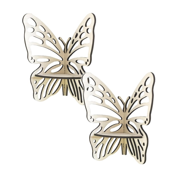 Oleegame 2PC Spoon And Lid Rest Wooden Butterfly Corner Rack Decorative Butterfly Floating Rack Wall Hanger Bedroom Living Room Gift